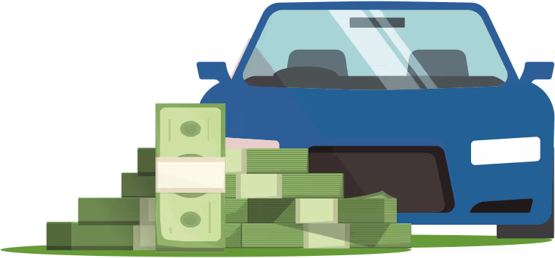 Blue car with stacks of cash