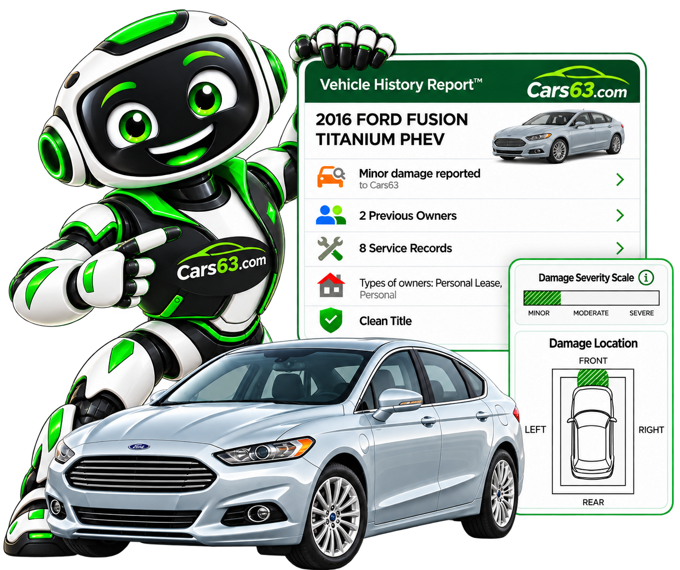 CARFAX Car Fox beside a sedan and sample report