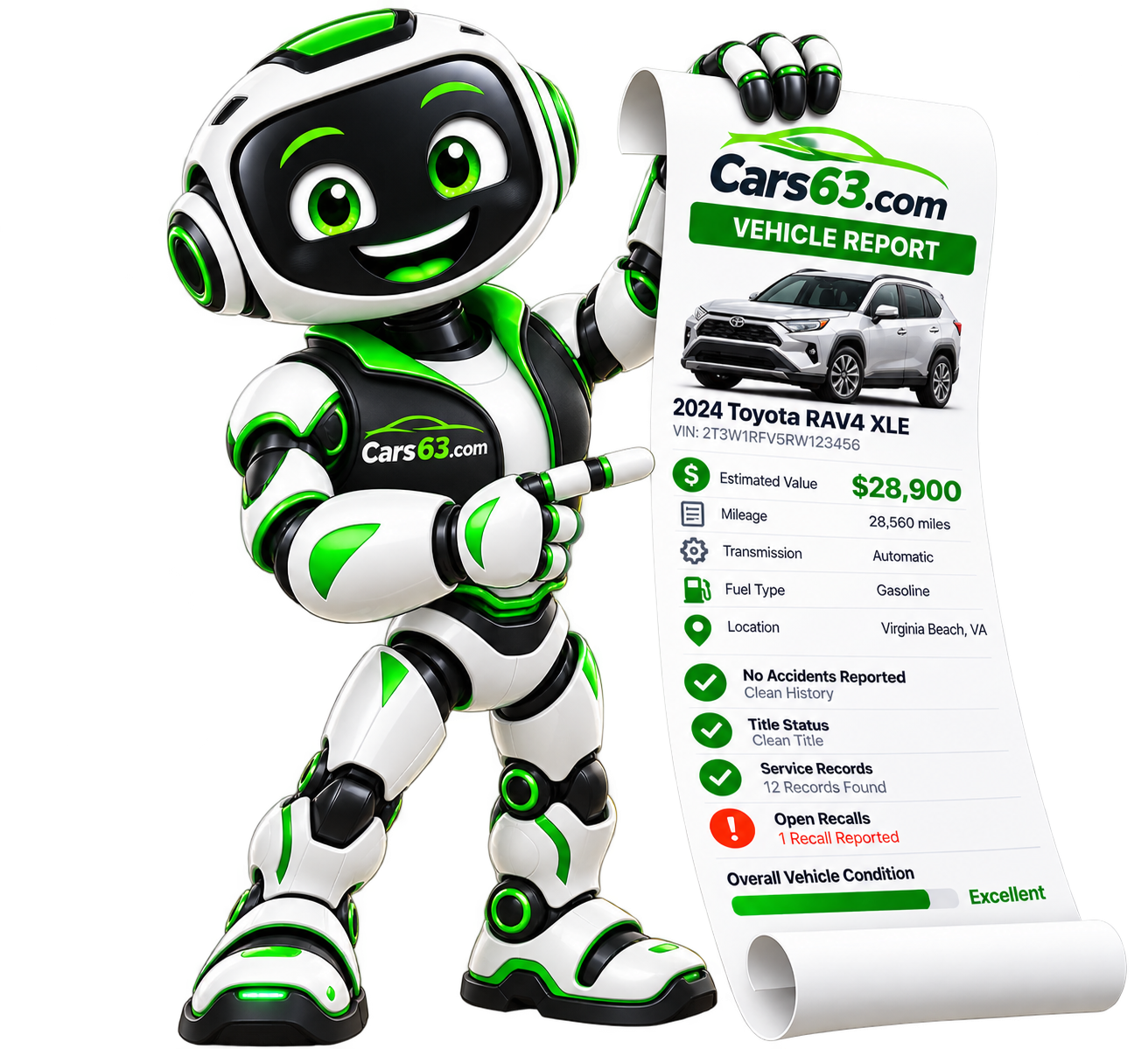 CARS63 robo holding a vehicle history report